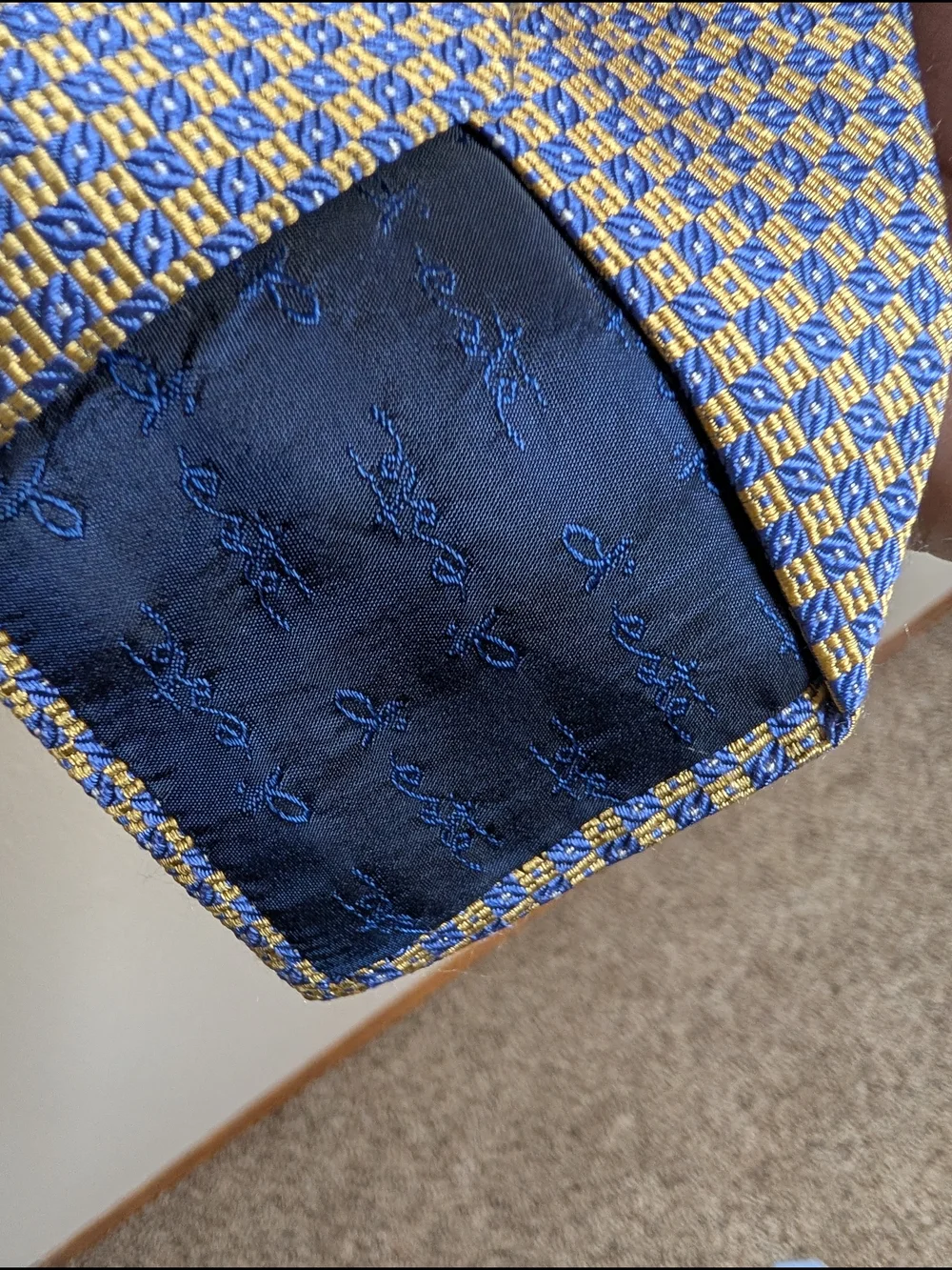 D'Este 100% Silk Tie Made‎ in Italy | Gold & Blue Geometric Jacquard
